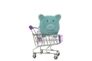 Piggy Bank in trolley shopping cart on white background.concept of savings photo