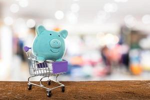 Piggy Bank in trolley shopping cart with copy space.concept of saving on shopping