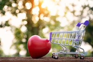 forma de corazón rojo en un mini carrito de compras sobre el fondo de la naturaleza foto