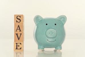 piggy bank  with wooden block text photo