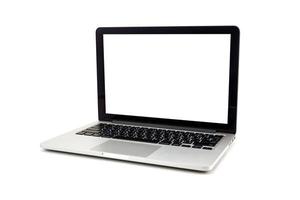 Laptop with blank white screen on white background photo