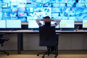 Female operator working in a security data system control room photo