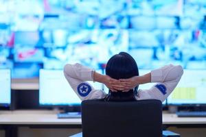 Female operator working in a security data system control room photo