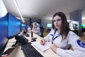 Female security guards working in a security data system control room photo