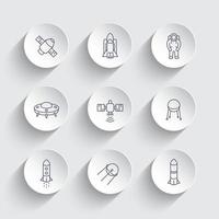 space line icons on round 3d shapes, satellite, astronaut, space shuttle, spaceship, rocket, vector illustration