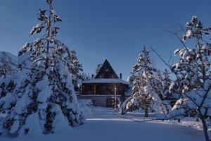 wooden cabin with fresh snow on cold winter morning photo