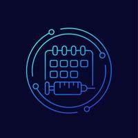 Immunization schedule line icon with calendar and vaccine, vector