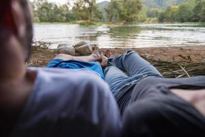 couple spending time together in straw tent photo