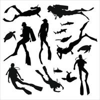 Scuba diving silhouette vector illustration isolated on white background. Sport underwater, lake, sea, glove and flashlight, mask and snorkel. Diving school, Scuba school. Beach fun, fishing, swimming