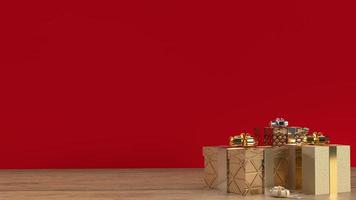 The gold gift boxes on wood table for celebration time 3d rendering. photo
