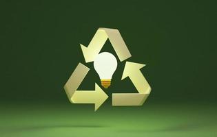 bombilla de luz centrada en el icono de reciclaje de fondo verde oscuro. foto