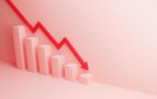 Red arrow pointing down with declining bar graph on pink background photo