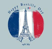 día de la bastilla con la bandera del grunge de francia y el fondo de la torre eiffel