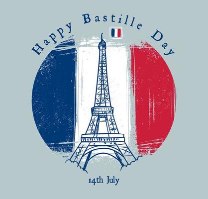 Bastille Day with France grunge flag and Eiffel Tower background