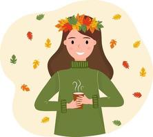 Happy smiling girl in wreath of autumn leaves with cup of hot drink in her hands. Falling colorful leaves. Girl in warm cloth.  Hello autumn.  Girl in wreath with cup of hot drink.