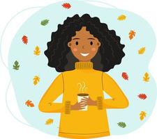 Happy smiling african american girl with cup of hot drink in her hands. Falling colorful leaves. Girl in warm cloth. Autumn mood. Hello autumn. Vector illustration