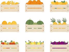 conjunto de diferentes frutas en cajas de madera. plátano, naranja, limón, melón, sandía, piña, manzana, pera, ciruela en cajas. frutas de temporada, comida orgánica, cosecha. ilustración vectorial vector