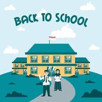 Back to school poster students in front of the school vector illustration template design