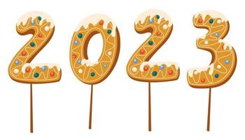 Gingerbread cookie numerals on sticks with phrase 2023. Sweet biscuit in new year message. Christmas sweets. Hand drawn vector illustrations isolated on the white background.