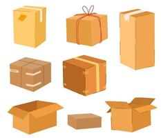 juego de cajas de cartón. entrega y embalaje. transporte, entrega. ilustraciones vectoriales dibujadas a mano aisladas en el fondo blanco. vector