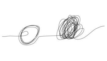 Chaotically tangled line and untied knot in form of circle. Unravels chaos and mess difficult situation. Psychotherapy concept of solving problems is easy. One continuous line drawing. Vector