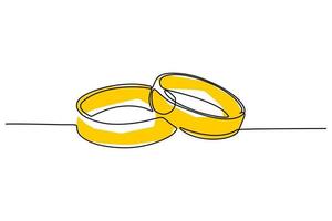 Single continuous line drawing of two rings. Simple yellows or gold color drawing design for couple or wedding concept vector