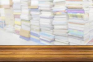 Empty wooden board space platform with library blur background photo
