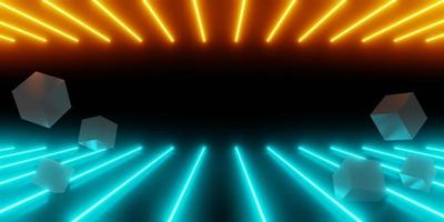3d rendering of orange blue glowing neon light abstract background and cube shape, sci-fi room, technology concept, product display, Illustration, wallpaper photo