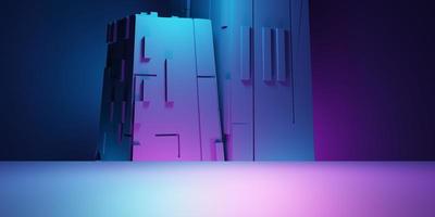 3d rendering of purple and blue abstract geometric background. Science concept. Scene for advertising, technology, showcase, banner, showroom, business, metaverse. Sci-Fi Illustration. Product display photo