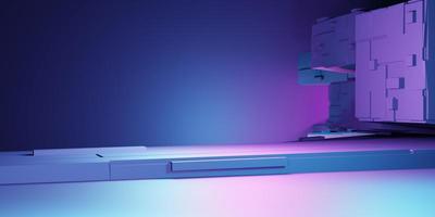 3d rendering of purple and blue abstract geometric background. Science concept. Scene for advertising, technology, showcase, banner, showroom, business, metaverse. Sci-Fi Illustration. Product display photo