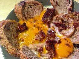Simple American breakfast egg bread and bacon photo