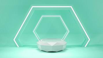 product display stands in green pastel background with hexagon background photo