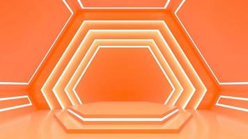 The product display stands in orange pastel background with hexagon background photo