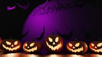 Halloween pumpkin smile and scary eyes for parties lined up and lit by scary eyes and mouth. There is a black shadow behind the word Halloween, black background,3d render photo