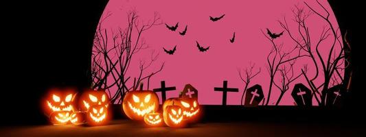 Halloween pumpkins smile and scary eyes with bats and graves backdrop. with a big pink moon, 3d render, banner. photo