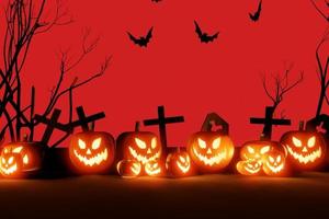 Halloween pumpkins smile and scary eyes with bats and graves backdrop. with a big blood moon, 3d render, banner. photo