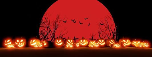 calabazas de halloween sonríen y ojos aterradores con murciélagos y tumbas como telón de fondo. con una gran luna de sangre, render 3d, pancarta. foto