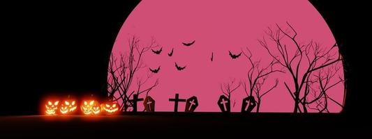 Halloween pumpkins smile and scary eyes with bats and graves backdrop. with a big pink moon, 3d render, banner. photo