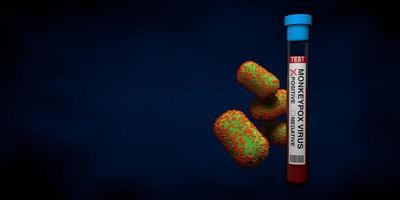 Test tube with blood sample positive for monkeypox surrounded by a group of floating monkeypox viruses against dark blue background. 3D Illustration photo