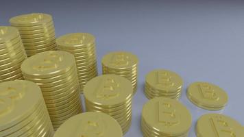 moneda de bitcoin de presentación 3d dispuesta en barras ascendentes sobre un fondo azul claro. foto