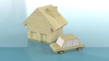 The home and car wood toy in water 3d rendering for flood content. photo