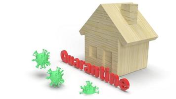 el virus verde de cuarentena rojo y la palabra de la casa de madera en 3d sobre fondo blanco para contenido de brotes. foto