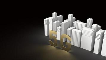 la representación 3d de 5g gold y city building para contenido tecnológico. foto