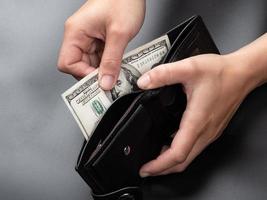 get money from the wallet on a dark background, 100 dollar banknote photo