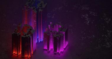 abstract background using stacked cube patterns like neon-colored buildings i.e. purple, red, and blue, orthographic camera, 3d rendering, and 4K size photo