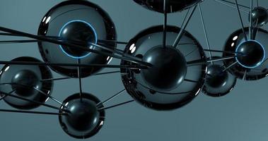 Abstract background design using metallic ball pattern with connection with predominately black color and a bit of bright blue, 3d rendering, and 4K size photo