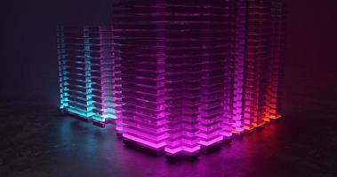 fondo abstracto con formas geométricas dispuestas como tres edificios en el medio con colores neón, a saber, rojo, púrpura y verde. resultado de renderizado 3d y tamaño 4k foto