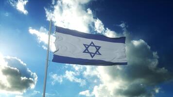 Flag of Israel waving at wind against beautiful blue sky. 3d illustration photo