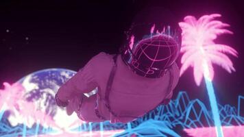 Astronaut surrounded by flashing neon lights. Retro 80s style synthwave background. 3d illustration photo