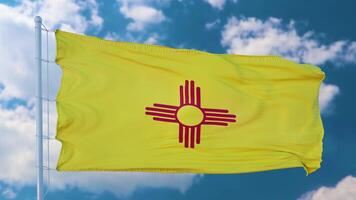 New Mexico flag on a flagpole waving in the wind, blue sky background. 3d illustration photo